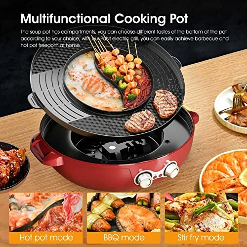 Hot Pot With Grill, Electric Hot Pot With Dual Temperature Control, Hotpot Pot Electric Grill Shabu Shabu Pot Korean Bbq Grill Smokeless For Simmer, Boil, Fry, Roast, Red 4 Hot Pot With Grill, Electric Hot Pot With Dual Temperature Control, Hotpot Pot Electric Grill Shabu Shabu Pot Korean Bbq Grill Smokeless For Simmer, Boil, Fry, Roast, Red - Image 2