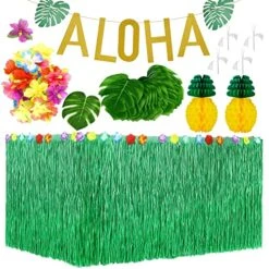Luau Party Decorations 9ft Green Luau Grass Table Skirt Aloha Banner Tropical Palm Leaves Pineapple For Hawaiian Party Decorations Aloha Beach Party Moana Birthday Luau Party Supplies (56 PCS)