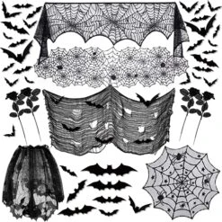 41PCS Halloween Decorations Indoor - Halloween Spider Web Lace Mantel Scarf, Table Covers And Lampshade, Halloween Creepy Cloth, 3D Bats And Black Roses For Halloween Decor