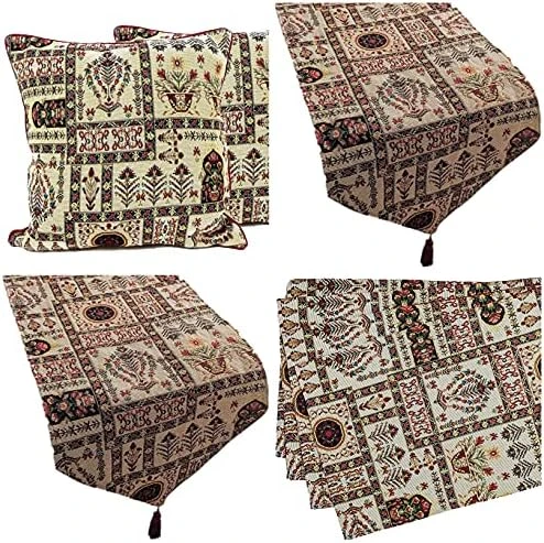 Rk Botanical Fleur Dining Table Tapestry Bundle - Set Of 8 Pieces Mughal Floral Ornate Colorful Black Cotton Linen Decor - 4 Placemats, 2 Table Runners, 2 Throw Pillow Covers (18197) 12 Rk Botanical Fleur Dining Table Tapestry Bundle - Set Of 8 Pieces Mughal Floral Ornate Colorful Black Cotton Linen Decor - 4 Placemats, 2 Table Runners, 2 Throw Pillow Covers (18197) - Image 10