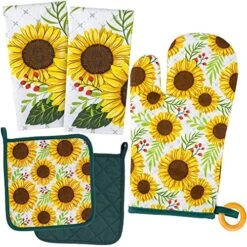 KOALAND Cute Sunflower Kitchen Towels 5 Piece Linen Set, 2 Oversized Tea Towels 2 Pot Holders 1 Oven Mitt, 100-percent Cotton Sunflower Decorative Dish Towels, Floral Pot Holders, Sunflowers Decor