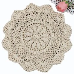 6PCS 12" Round Crochet Lace Doily Beige 100% Cotton Handmade, Set Of 6 Pieces
