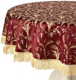 Uxury Damask Floral Design, Polyester Jacquard, With Fringes Tablecloths, 60 In, Burgundy