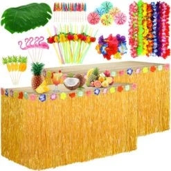 90 Pcs Luau Grass Table Skirt Set 9 Feet X 29.5 Inch Hawaiian Table Skirt Palm Leaves Hibiscus Flowers Colored Umbrellas Fruit Straws Pineapples Flamingos For Tropical Hawaiian Party(Gold)