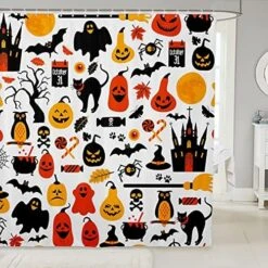 Pumpkin Lantern Bathroom Shower Curtain Sets Black Bats Halloween Decoration,Gothic Spooky Ghost Fabric Shower Curtain For Kids Toddlers,Cartoon Candle Candy Shower Curtain 72" Wx84 L -Wilton Shop 61PJ5um3b8L. AC