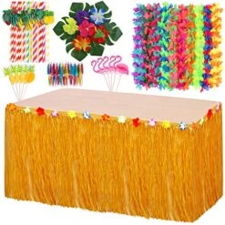 Elcoho Hawaiian Party Decorations Set Tropical Luau Grass Table Skirt With Hawaiian Garlands 3D Paper Straws Hawaiian Flowers And Palm Leaves For Tropical Luau Party Decorations