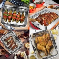 Jitsuryoku 8-Piece Stainless Steel Roasting Pan Set: 16"x13" Rectangular Turkey Roaster, Nonstick Rack, Meat Forks, Injector, Claws & Brush. Heavy Duty & Multi-Use, Dishwasher Safe -Wilton Shop 61RiOe5GmQL