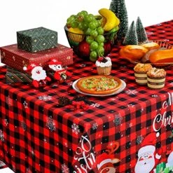 Fabric Christmas Tablecloth Red Buffalo Plaid Table Cover For Rectangle Table, Washable Snowman Santa Claus Table Cloth Decorations For Xmas Winter Holiday Party Supplies, 60 X 84 Inch (Black, Red) -Wilton Shop 61S3FGPUebL