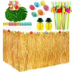 Hawaiian Tropical Party Decorations,Grass Skirts For Luau Party With Hibiscus Flowers Palm Leaves Paper Pineapple Umbrella Food Toppers 3D Fruit Straws For Beach Aloha Tropical Moana Birthday Party