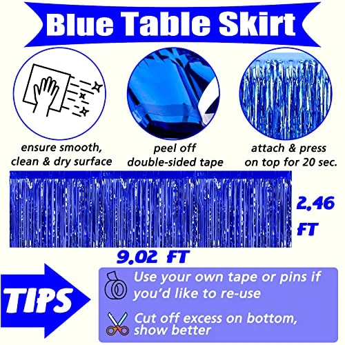 6 Pack 29x108 Inch Blue Metallic Foil Fringe Table Skirts Banner For Tinsel Streamer Garland Curtains Backdrop For Parade Floats Wedding Baby Shower Birthday Christmas Halloween Party Decoration 4 6 Pack 29x108 Inch Blue Metallic Foil Fringe Table Skirts Banner For Tinsel Streamer Garland Curtains Backdrop For Parade Floats Wedding Baby Shower Birthday Christmas Halloween Party Decoration - Image 2