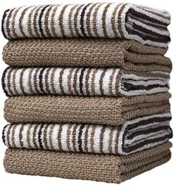 Kitchen Towels 16”x 26”- 6 Pack | Large Cotton Kitchen Hand Towels | Dish Towels | Popcorn Stripe Design | 400 GSM Highly Absorbent Tea Towels Set With Hanging Loop | Dish Towels For Kitchen | Tan