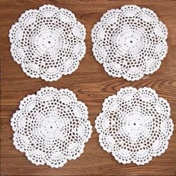 Round Coaster 4-Pieces Handmade Crochet Small Cotton Doilies Lace Table Hollow Placemats 8-Inch (White)
