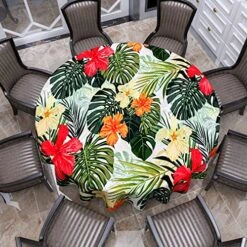 Tropical Round Tablecloth, Hawaiian Palm Tree Hibiscus Flowers Plants Tablecloths, Aloha/Luau Theme Party, Wipeable Waterproof Table Cloth For Family Dinners Patio Outdoor/Outside Events 70x70 Inch