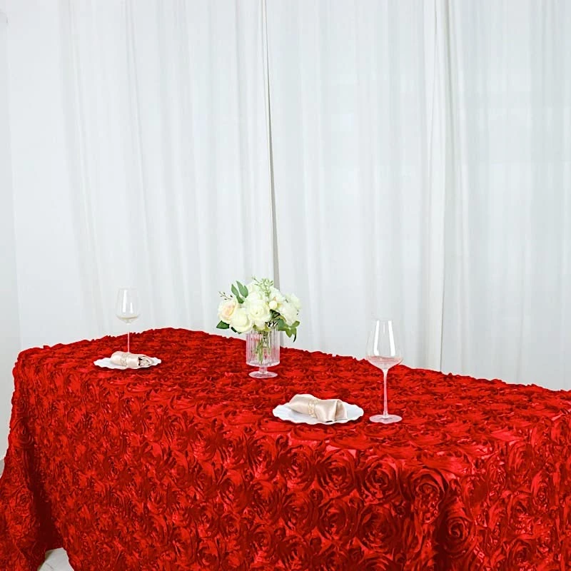 90x132 Red Satin Raised Rosettes Rectangle Tablecloth Wedding Party Dining Room Table Linens 6 90x132 Red Satin Raised Rosettes Rectangle Tablecloth Wedding Party Dining Room Table Linens - Image 4