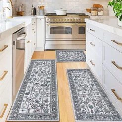 Vaukki Boho Kitchen Rug Sets 3 Pieces, Tribal Washable Kitchen Mats For Floor, Non Slip Soft Kitchen Area Rug Floor Mat For Kitchen, Laundry Room And Hallway (Grey, 20''x32''+20''x47''+20''x59'')
