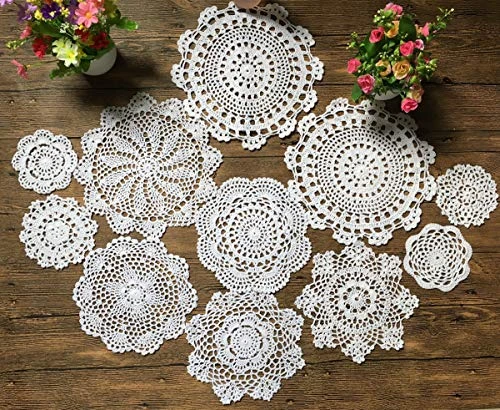 Set Of 11 Hand Crochet Doilies Lace Cotton Coasters Handmade Placemats 4-10 Inches Round White 3 Set Of 11 Hand Crochet Doilies Lace Cotton Coasters Handmade Placemats 4-10 Inches Round White