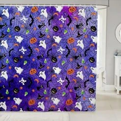 Pumpkin Lantern Bathroom Shower Curtain Sets Black Bats Halloween Decoration,Gothic Spooky Ghost Fabric Shower Curtain For Kids Toddlers,Cartoon Candle Candy Shower Curtain 72" Wx84 L -Wilton Shop 61k1OzC4nZL. AC