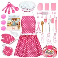 Veitch Fairytales Kids Cooking Baking Set For Girls, Real Baking Supplies Kits, Birthday Gifts For 3 + Year Old Girls, Kids Baking Utensils Includes Rolling Pins Chef Costume Hat And Apron Pink
