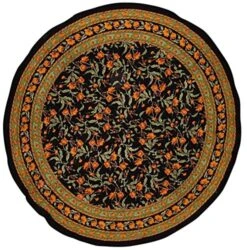 French Floral Round Cotton Tablecloth 88" Amber On Black