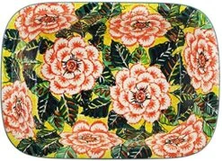 9¾-inch Rectangular Baker Made By Ceramika Artystyczna (Orange Peonies Theme) Signature UNIKAT + Certificate Of Authenticity