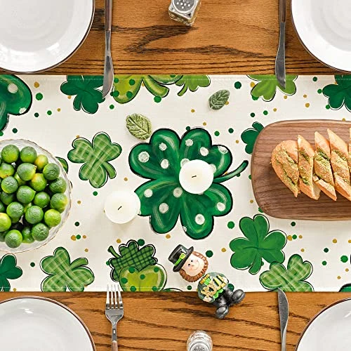 Watercolor Shamrock St. Patrick's Day Table Runner, Seasonal Spring Holiday Kitchen Dining Table Decoration For Indoor Outdoor Home Party Decor 13 X 72 Inch 4 Watercolor Shamrock St. Patrick's Day Table Runner, Seasonal Spring Holiday Kitchen Dining Table Decoration For Indoor Outdoor Home Party Decor 13 X 72 Inch - Image 2
