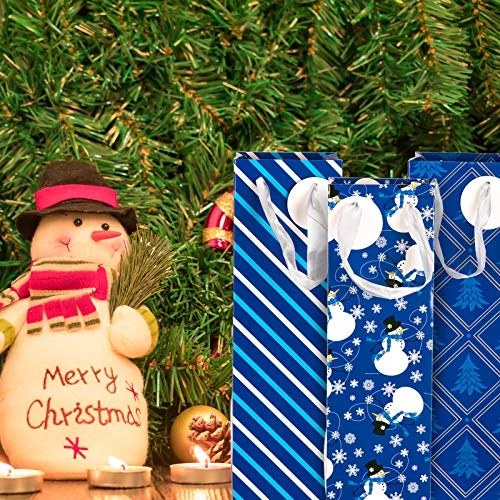 12 Pack Winter Wine Bags Wine Gift Bags With Handle And Tags Blue Snowman Xmas Tree Snowflake Stripe Bottle Bags For Winter Holiday Christmas Party Favor Home Table Decoration, 4 Design 6 12 Pack Winter Wine Bags Wine Gift Bags With Handle And Tags Blue Snowman Xmas Tree Snowflake Stripe Bottle Bags For Winter Holiday Christmas Party Favor Home Table Decoration, 4 Design - Image 4